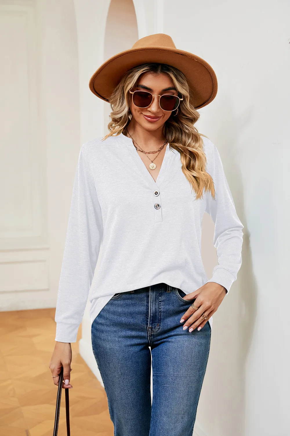 Buttoned Notched Neck Long Sleeve Top, image 6