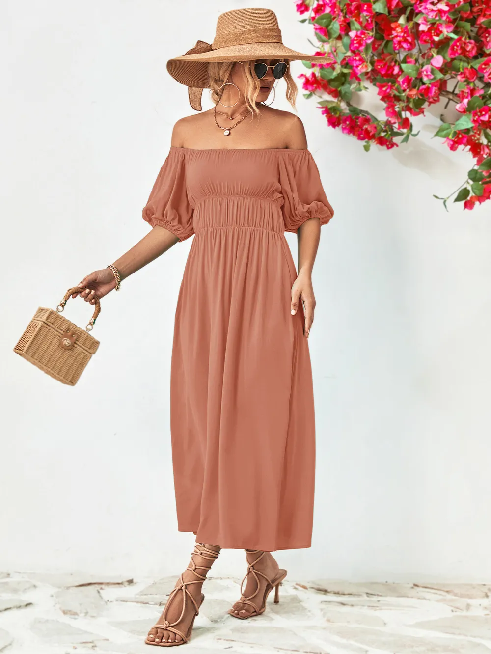 Off-Shoulder Balloon Sleeve Midi Dress, image 18