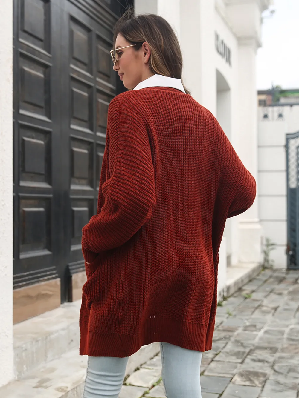 Open Front Rib-Knit Cardigan with Pockets, image 2