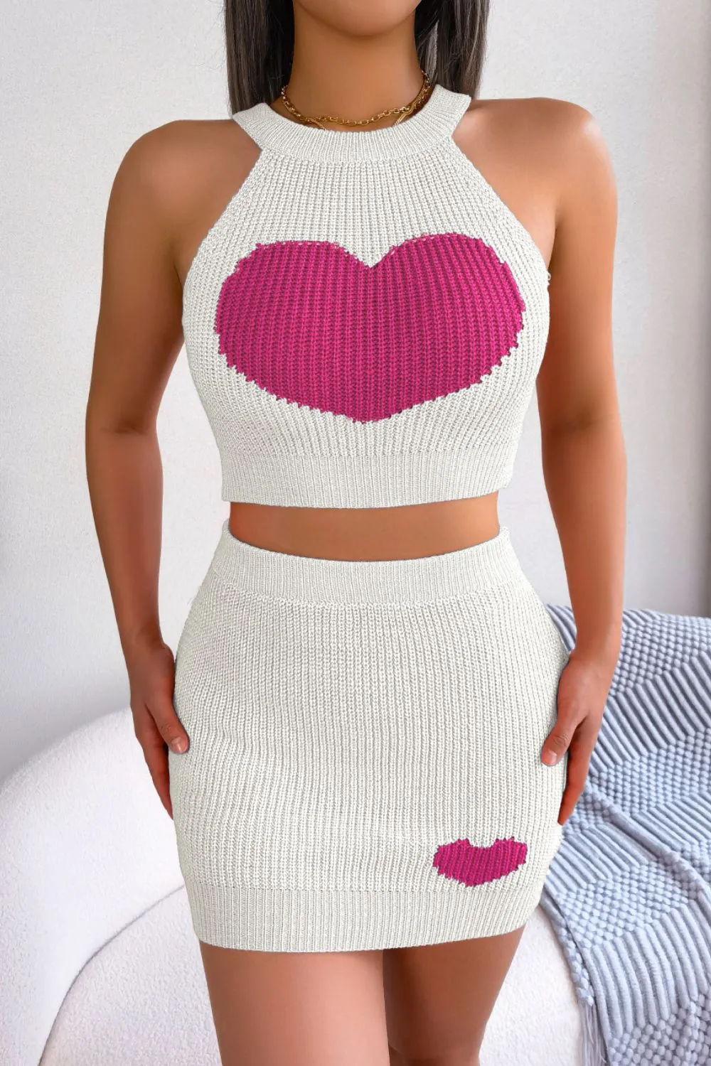 Heart Contrast Ribbed Sleeveless Knit Top and Skirt Set, image 4