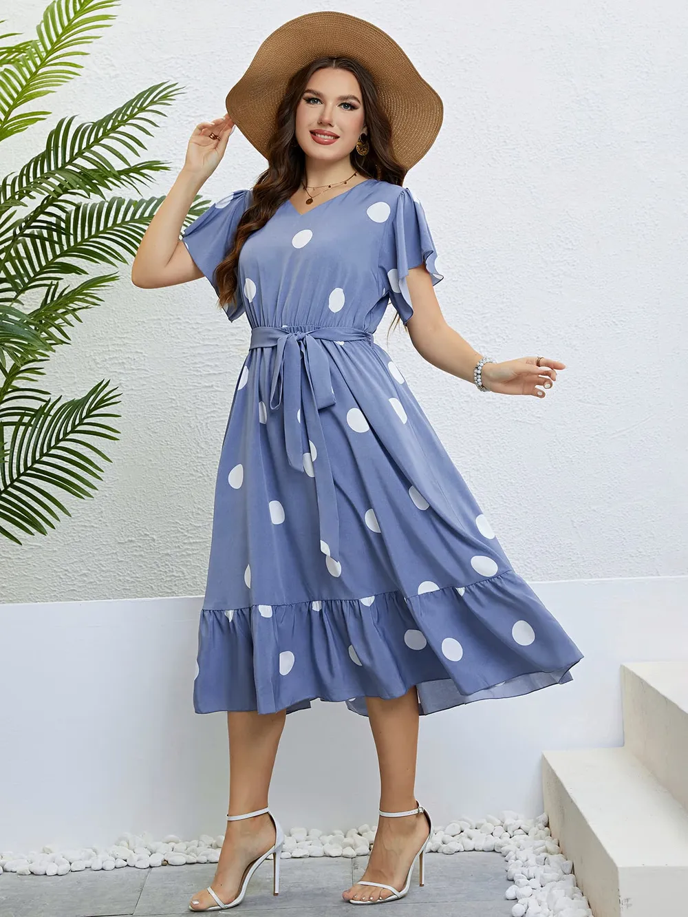 Polka Dot Belted Flutter Sleeve Ruffle Hem Dress, image 4