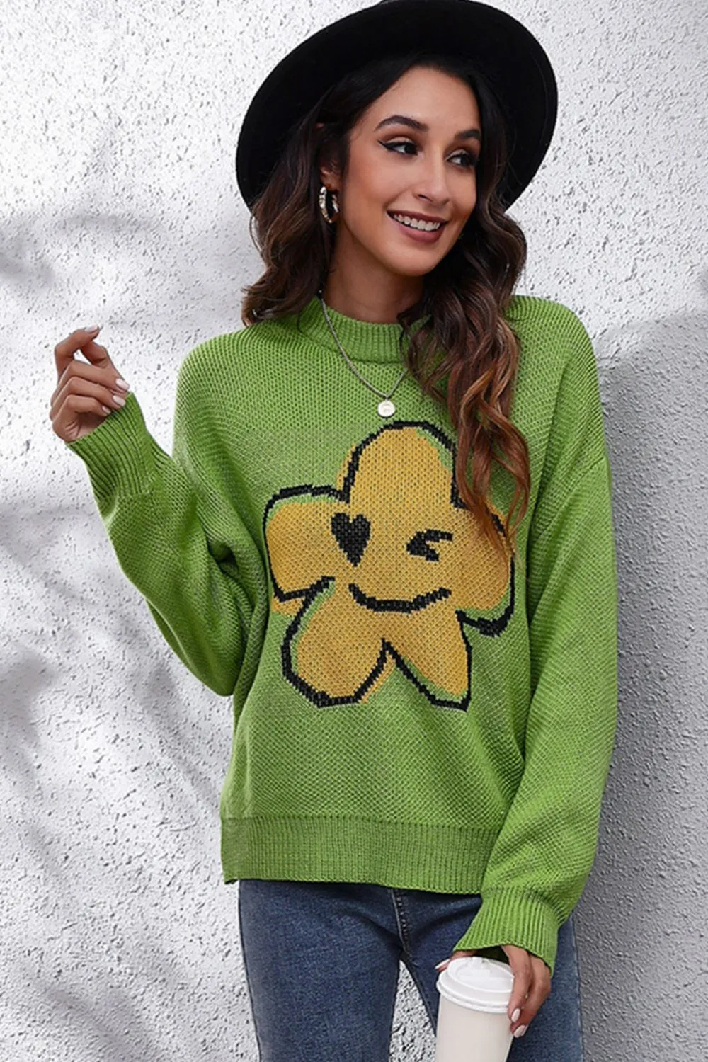 Flower Graphic Drop Shoulder Sweater, image 6