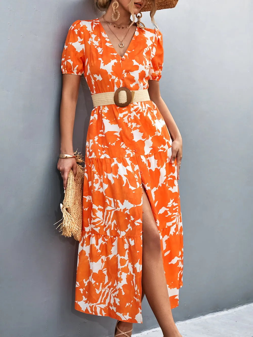 V-Neck Short Sleeve High Slit Midi Dress, image 12