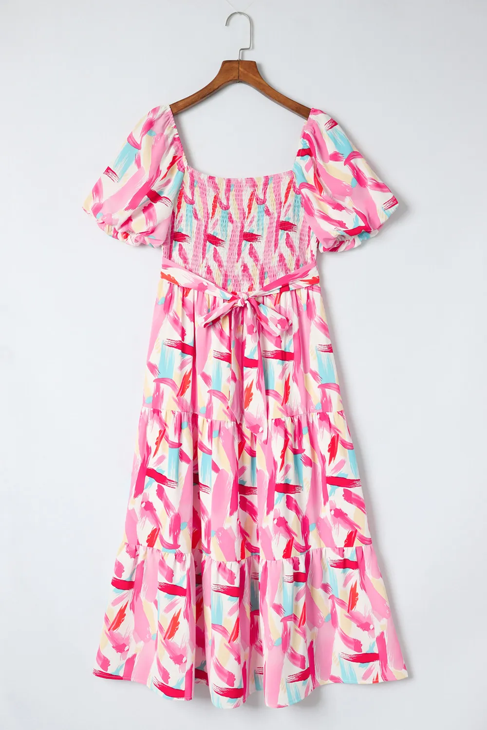 Printed Square Neck Tied Smocked Dress, image 2