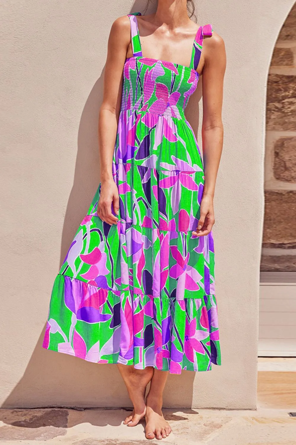 Floral Tie-Shoulder Smocked Midi Dress, image 6