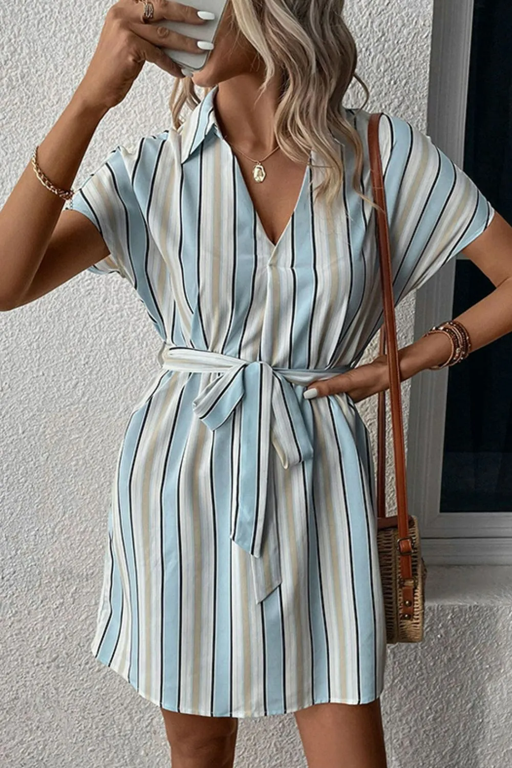 Striped Johnny Collar Tie-Waist Dress, image 4