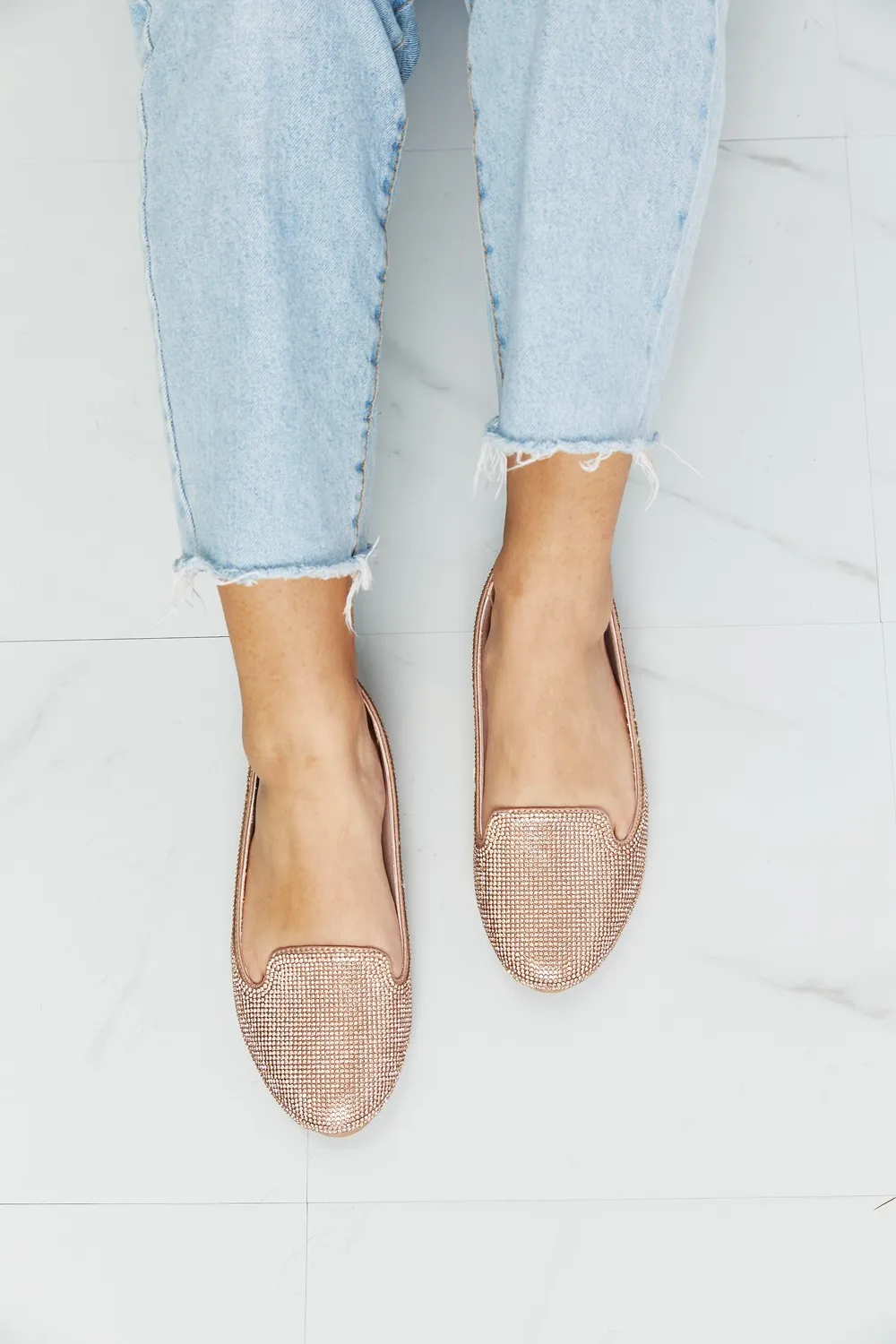 Rhinestone Round Toe Flats in Rose Gold