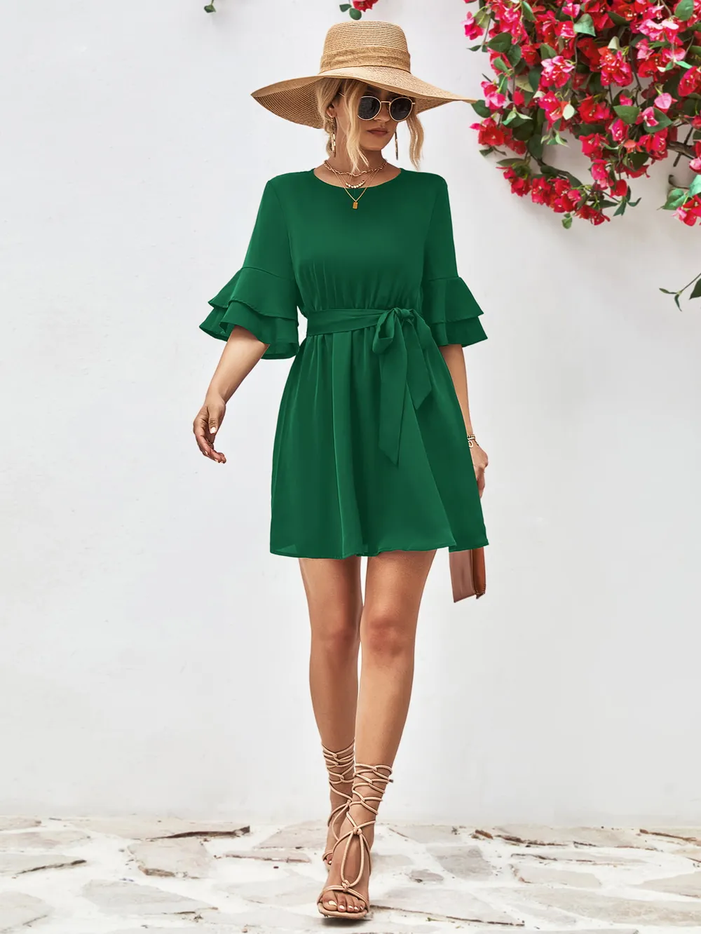 Round Neck Tie Belt Flounce Sleeve Dress, image 12
