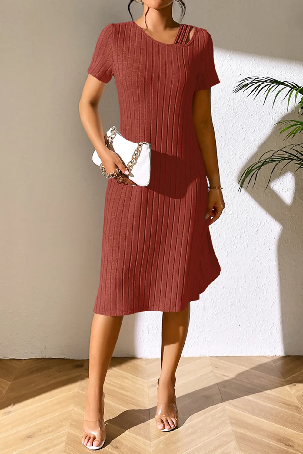 Ribbed Asymmetrical Neck Short Sleeve Dress, image 5