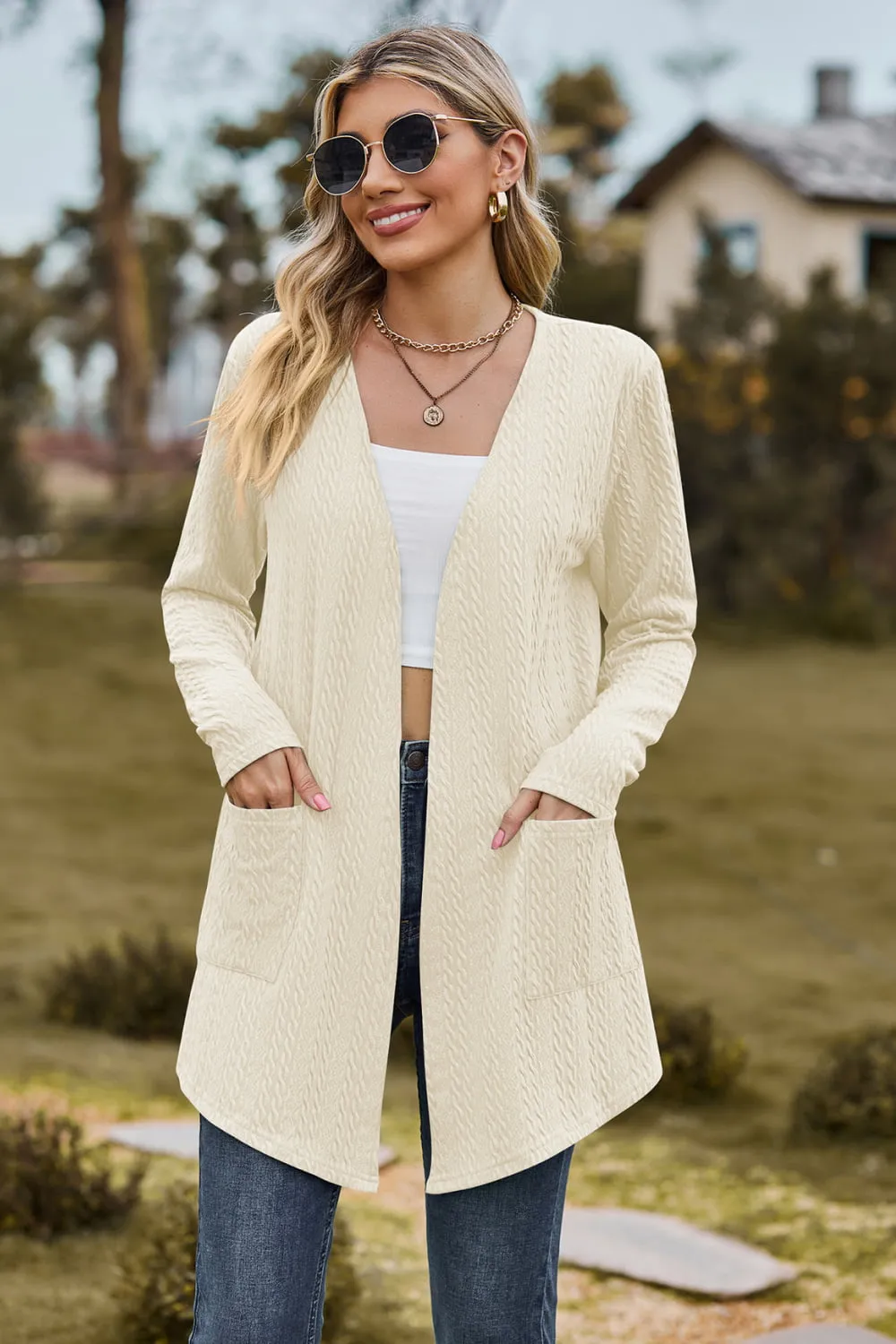 Cable-Knit Long Sleeve Cardigan with Pocket, image 15