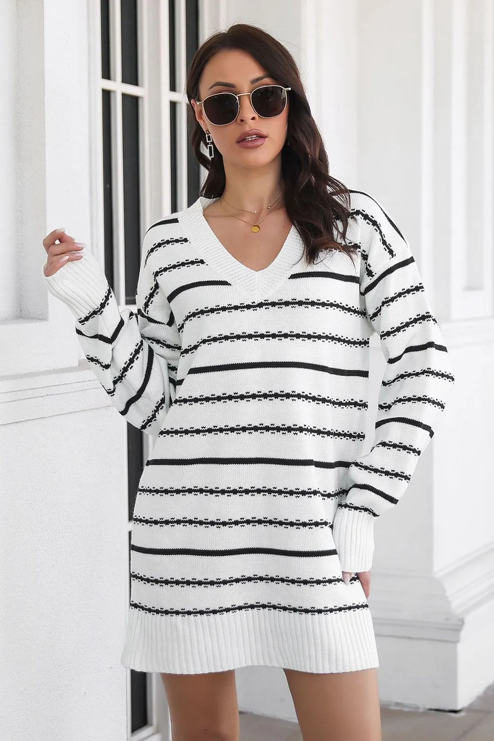 Striped V-Neck Sweater Dress, image 4