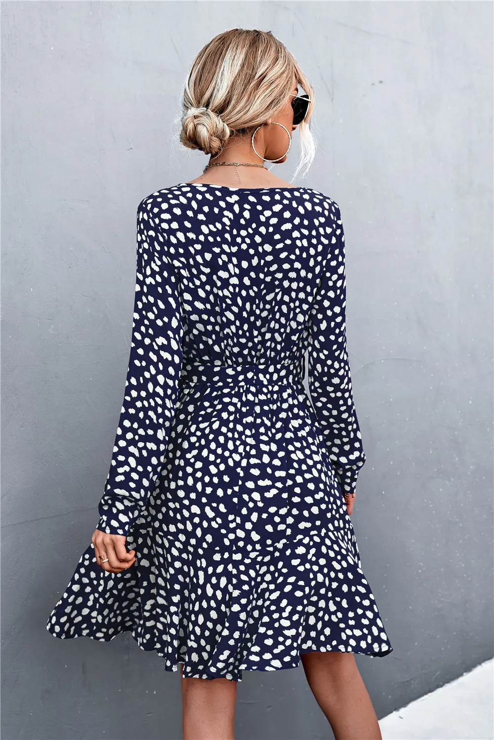 Printed V-Neck Tie Belt Ruffle Hem Mini Dress, image 9