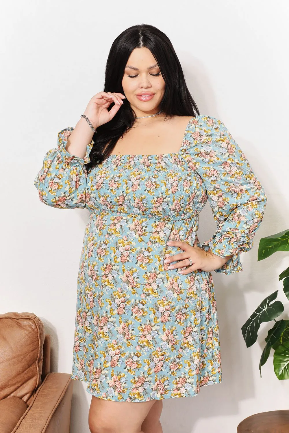 Floral Smocked Flounce Sleeve Square Neck Dress, image 12