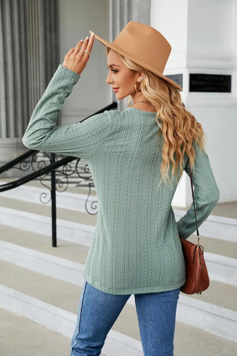 Cable-Knit Long Sleeve V-Neck T-Shirt, image 13