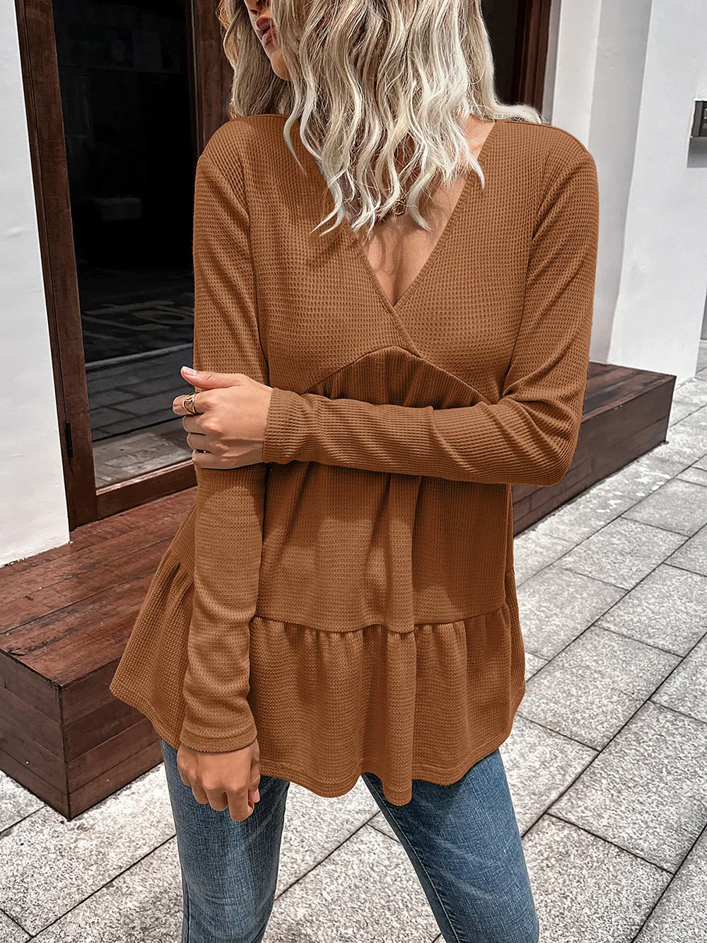 Waffle-Knit V-Neck Long Sleeve Blouse, image 10
