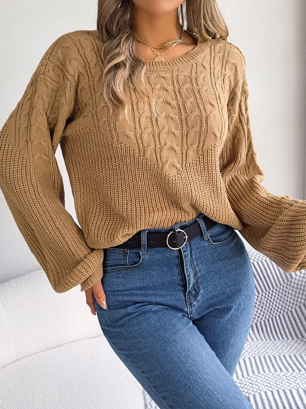 Cable-Knit Round Neck Drop Shoulder Sweater, image 5