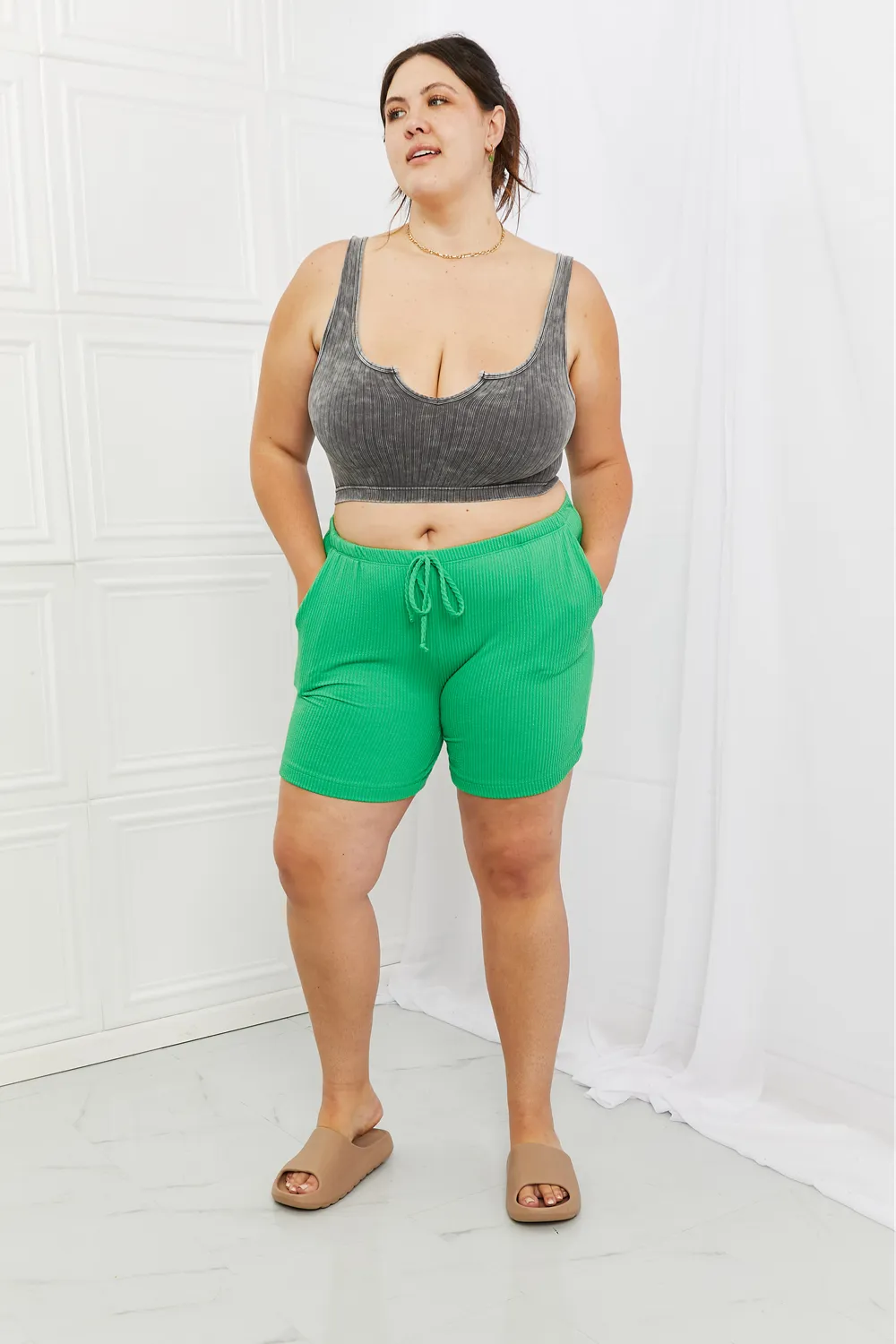 Too Good Full Size Ribbed Shorts in Green, image 10