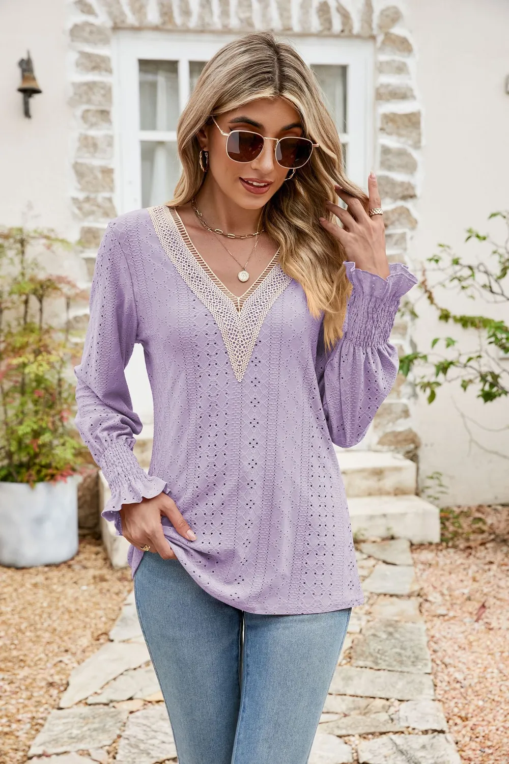 Eyelet V-Neck Smocked Flounce Sleeve Blouse, image 8