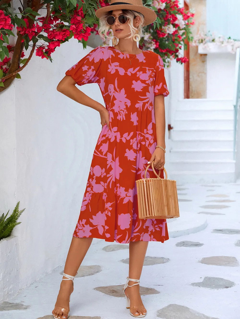 Floral Puff Sleeve Ruffle Hem Midi Dress, image 14