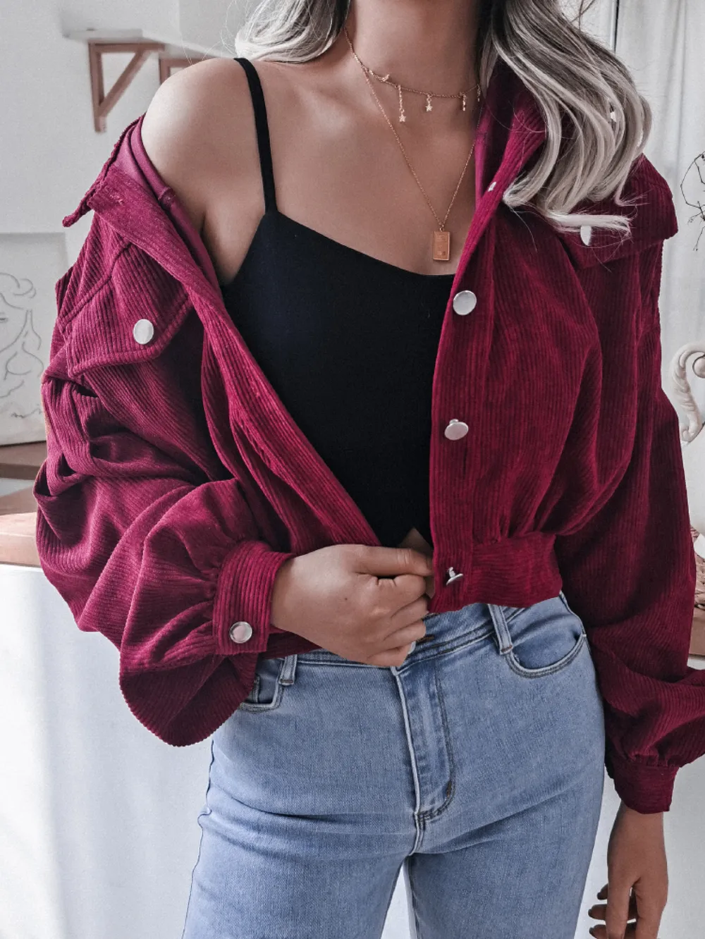 Lantern Sleeve Cropped Corduroy Jacket, image 9