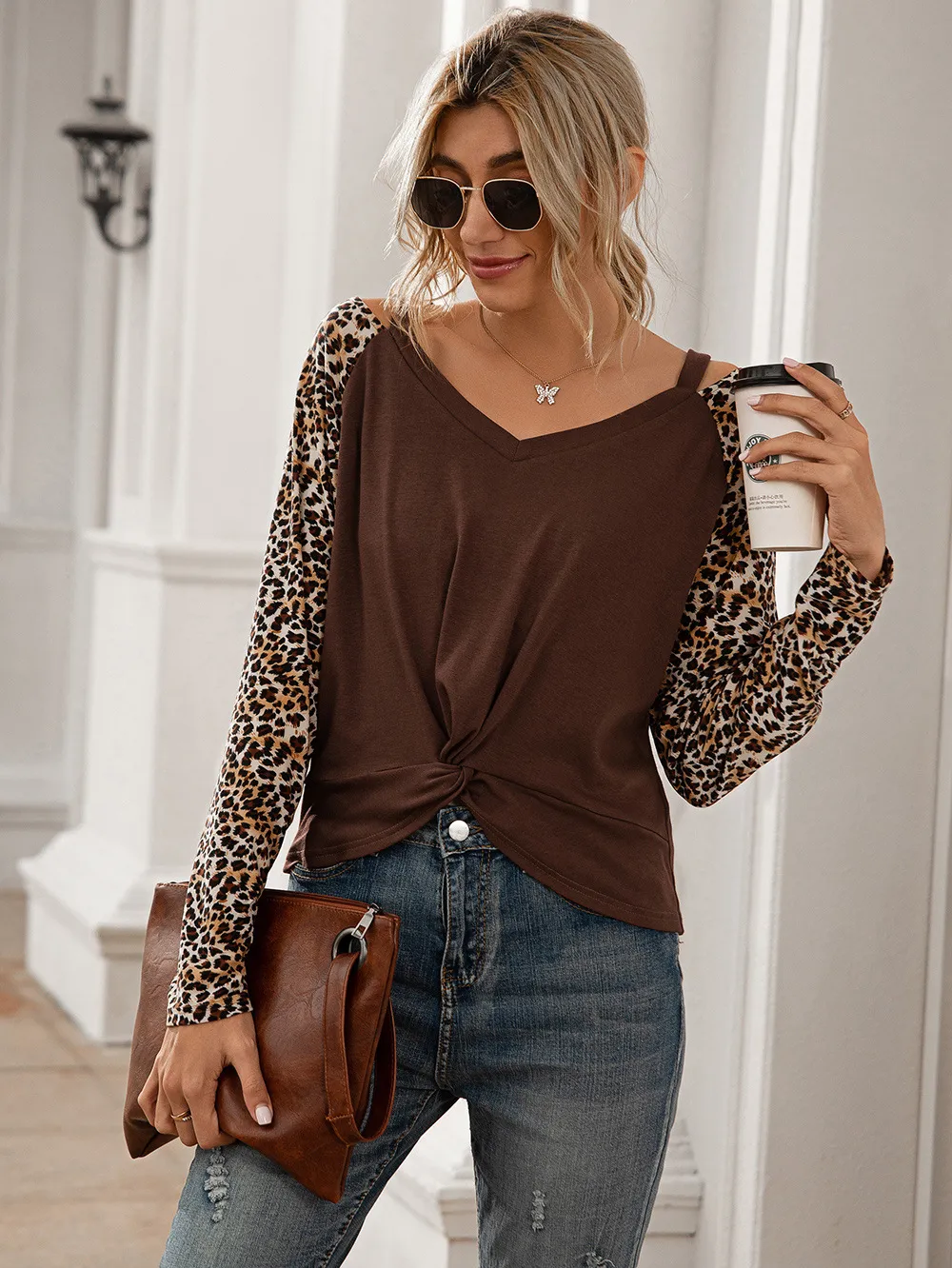 Leopard Twist Front Cold-Shoulder Tee, image 9