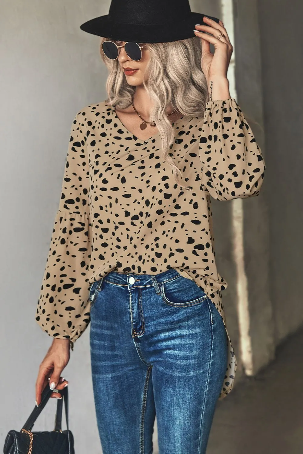 Animal Print V-Neck High-Low Blouse, image 7
