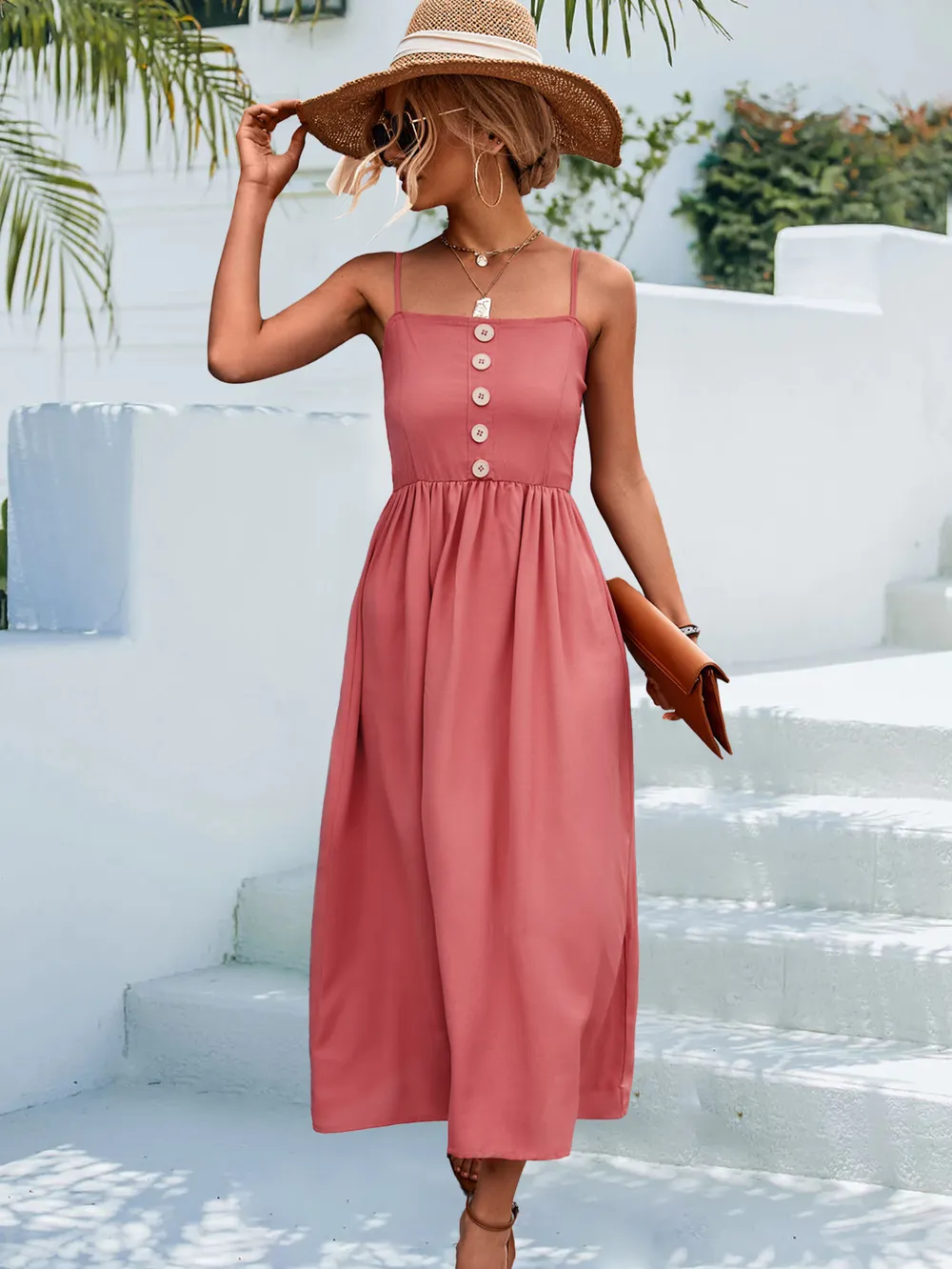 Decorative Button Spaghetti Strap Midi Dress, image 22