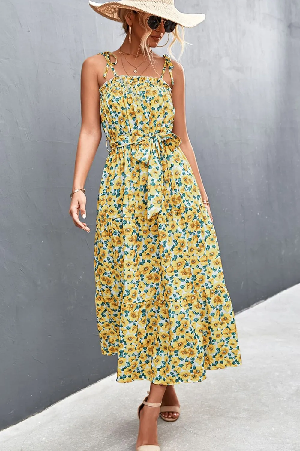 Floral Tie-Shoulder Belted Dress, image 6