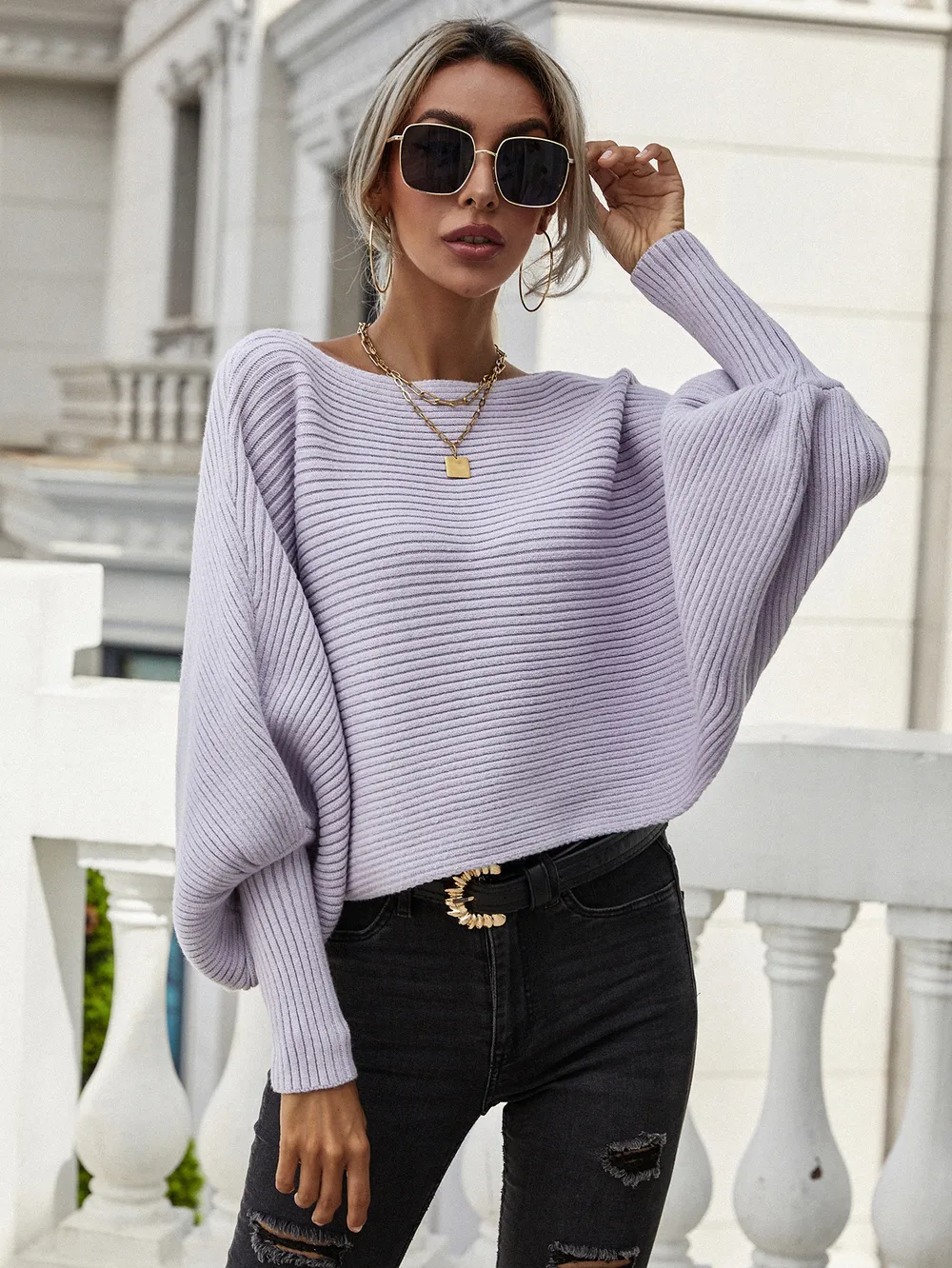 Horizontal Ribbing Dolman Sleeve Sweater, image 19