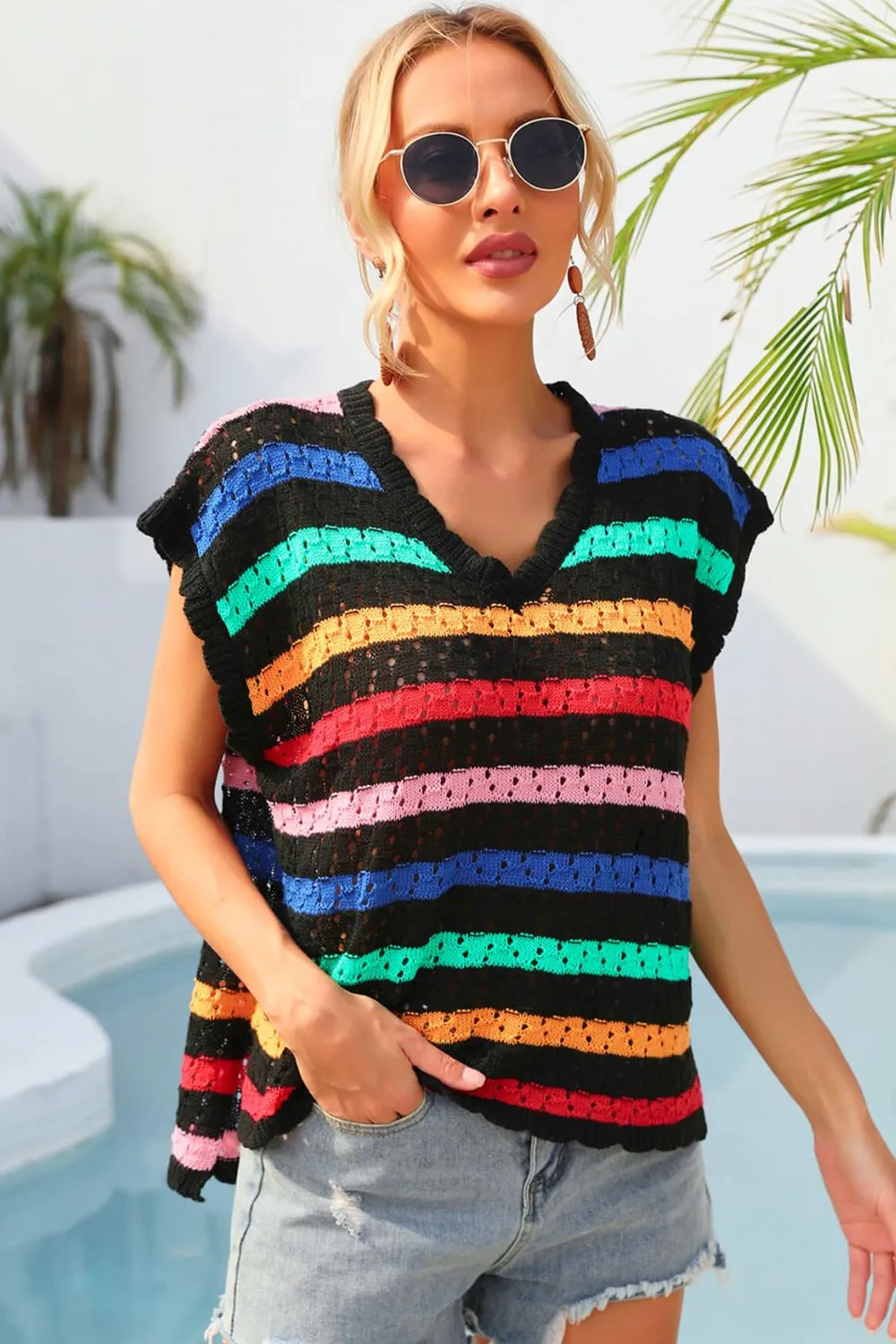 Striped V-Neck Slit Cover Up, image 7
