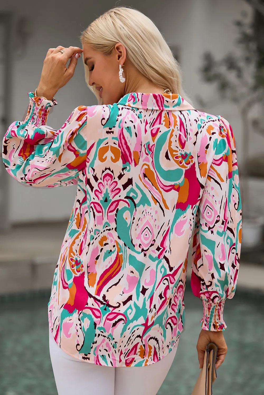 Printed Puff Sleeve Collared Blouse, image 10