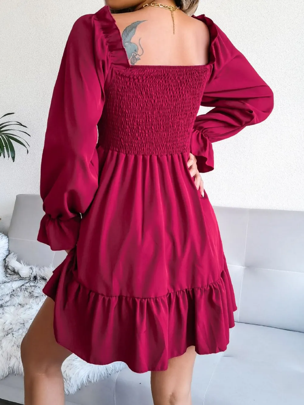 Smocked Flounce Sleeve Square Neck Dress, image 13