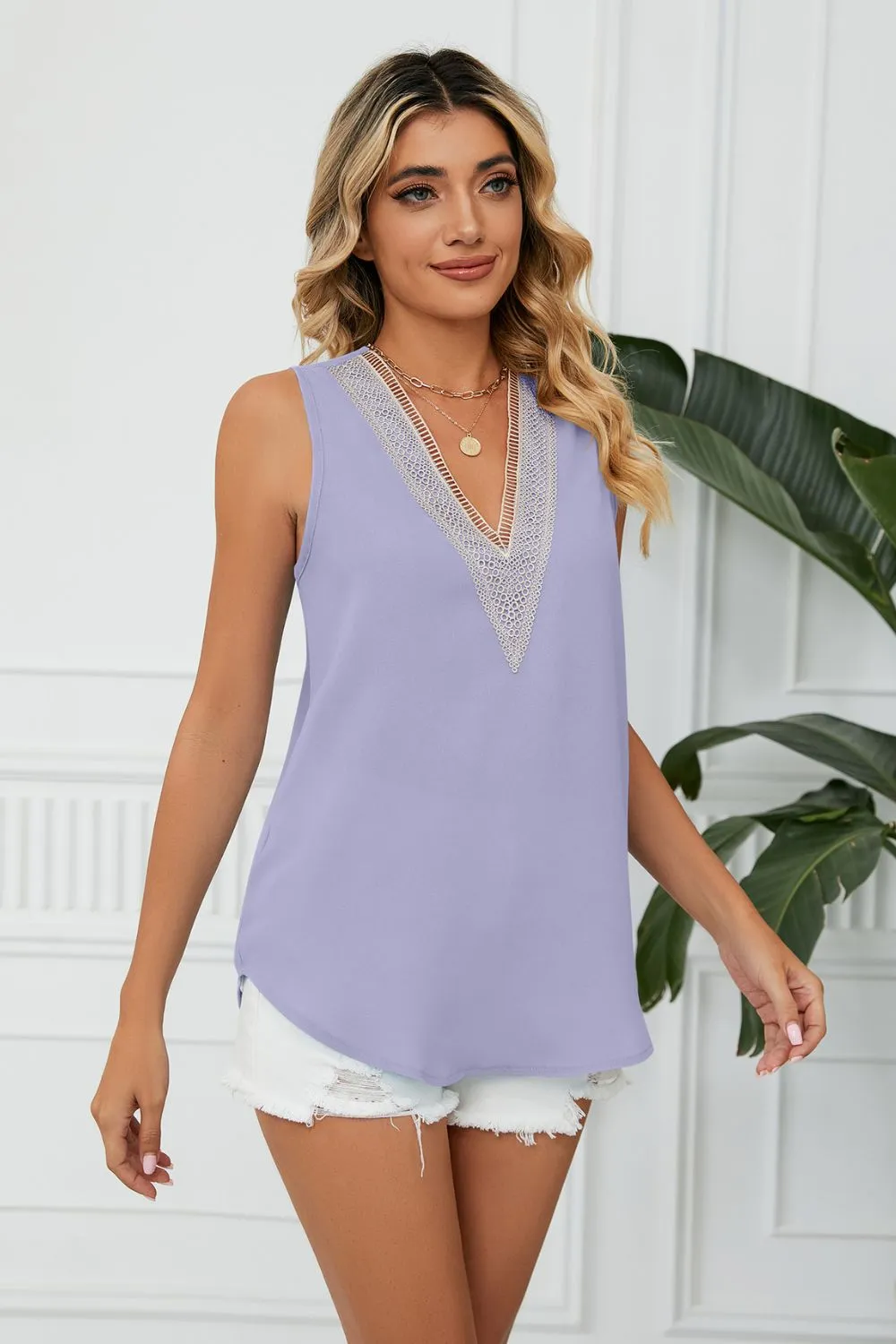 Contrast Trim Plunge Sleeveless Blouse, image 8