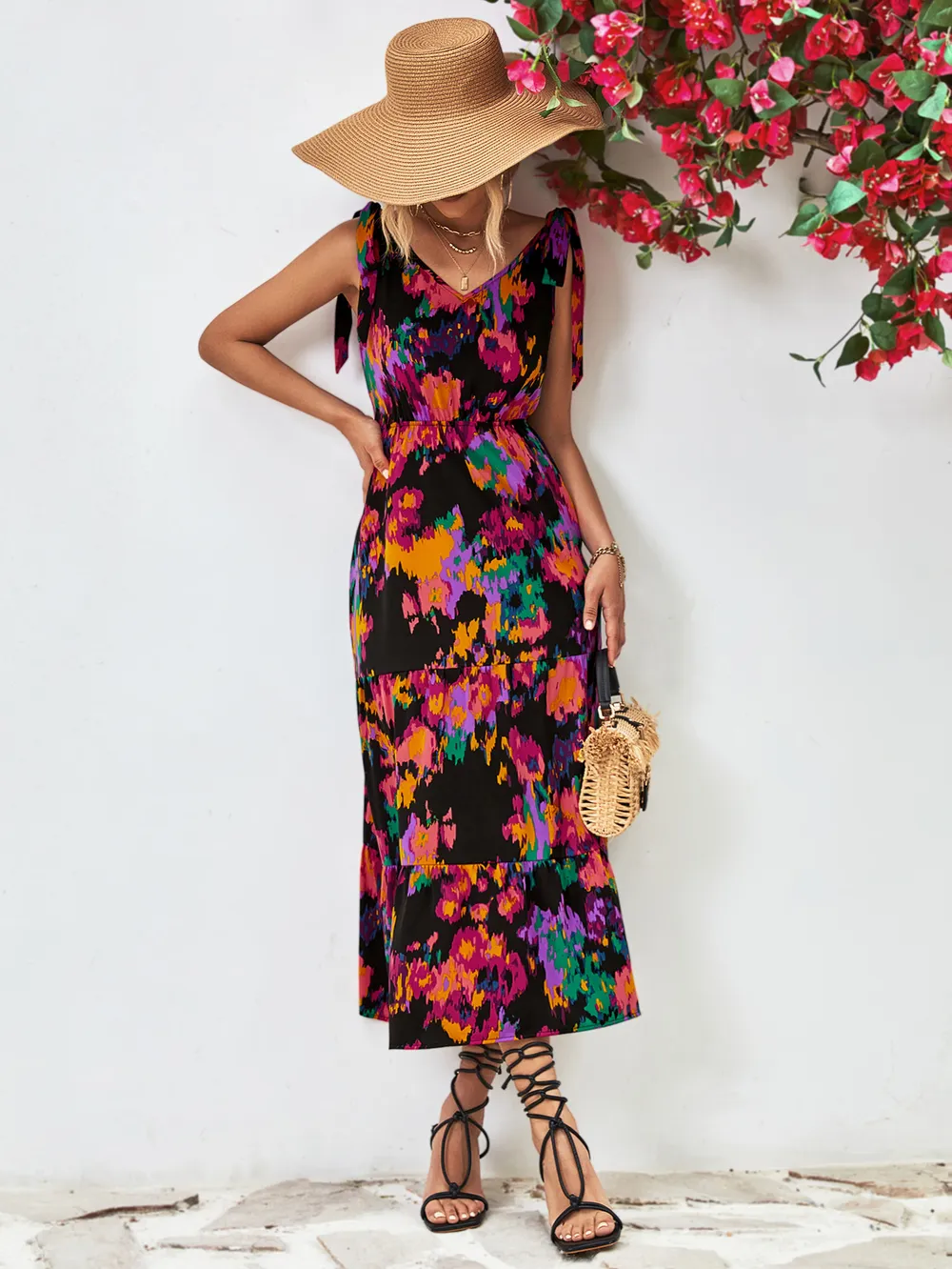 Multicolored V-Neck Backless Midi Dress, image 11