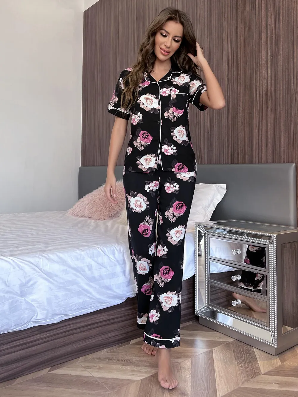 Floral Short Sleeve Shirt and Pants Lounge Set, image 5