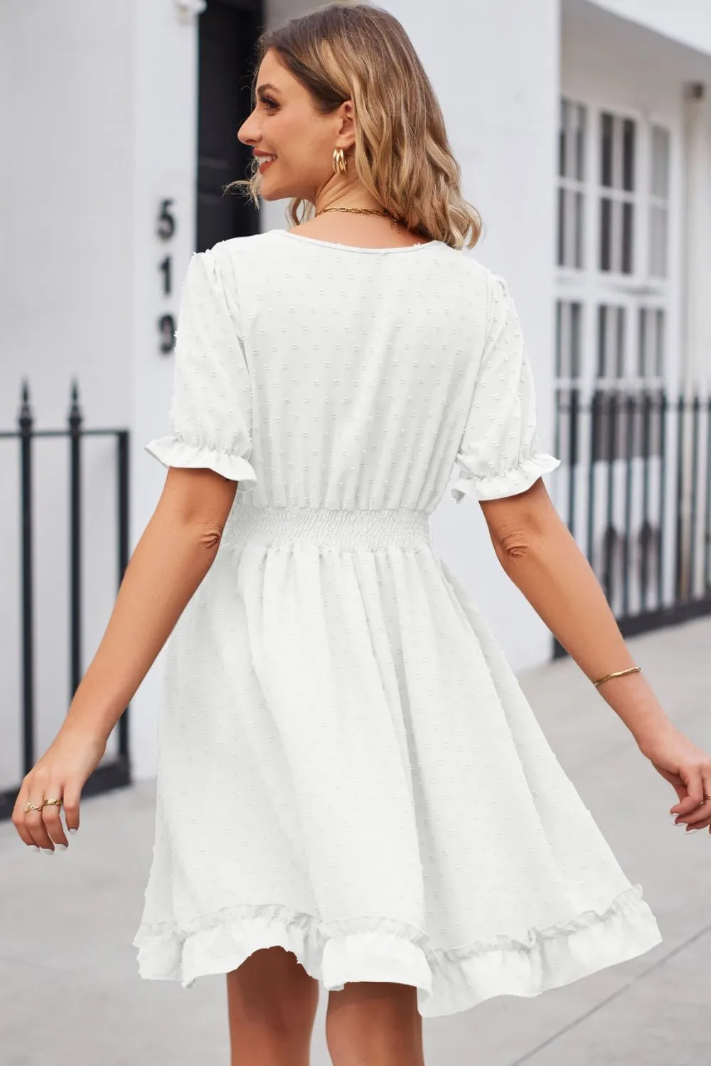 Swiss Dot Frill Trim Flounce Sleeve V-Neck Dress, image 15