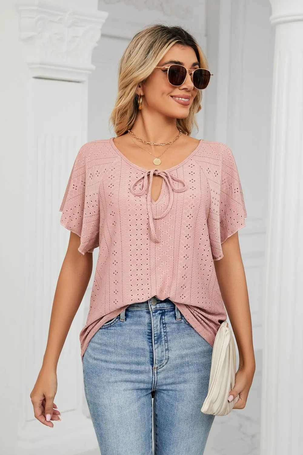 Eyelet Tie-Neck Flutter Sleeve Top, image 12