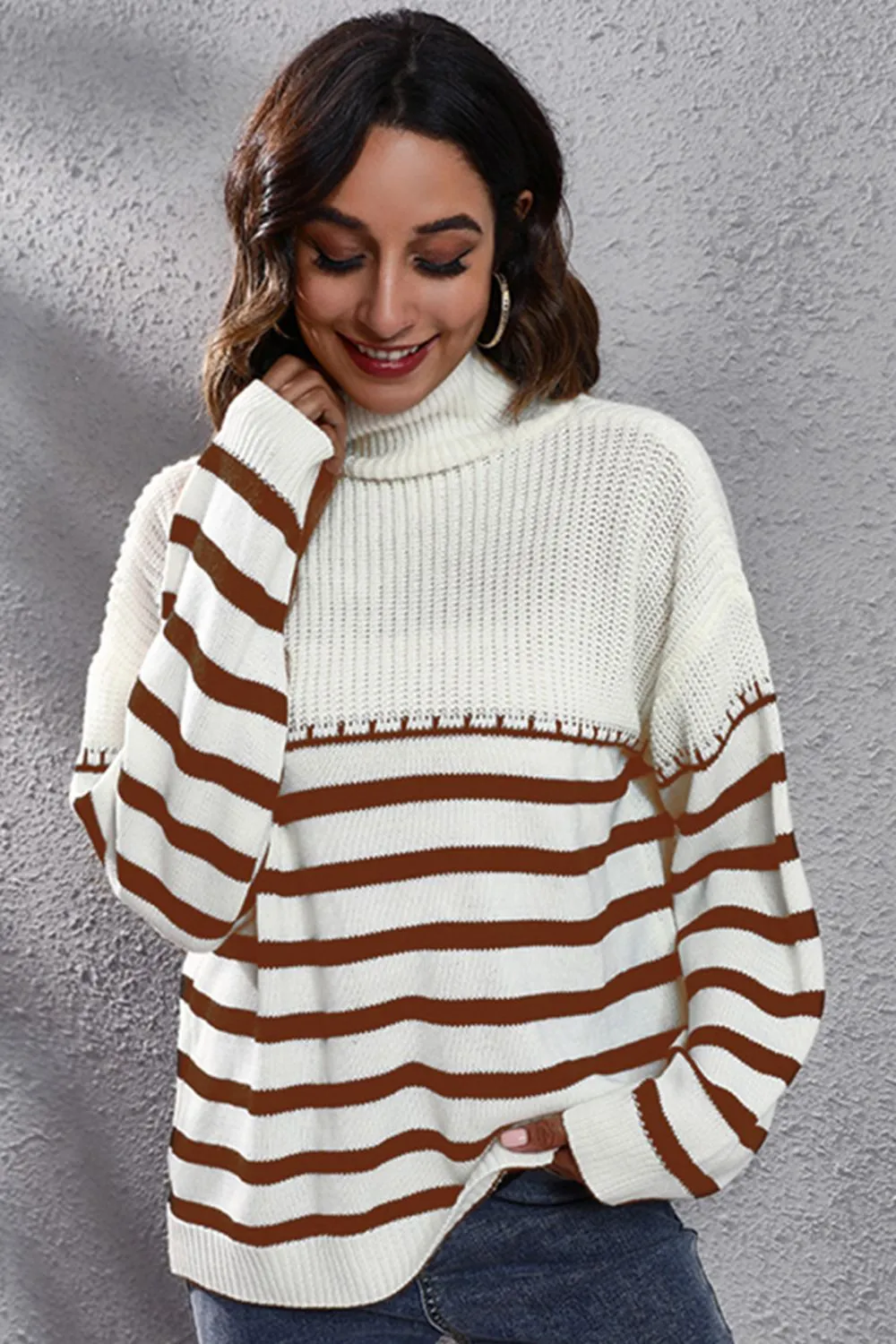 Striped Turtleneck Drop Shoulder Sweater, image 7