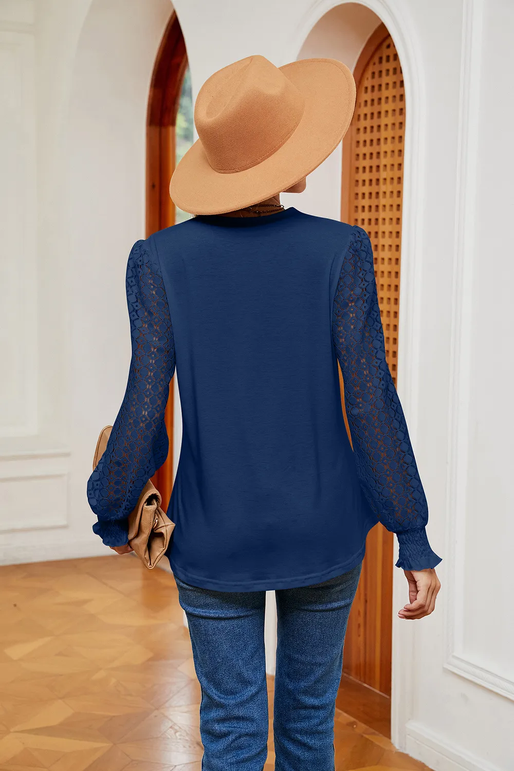Contrast V-Neck Long Sleeve Blouse, image 24