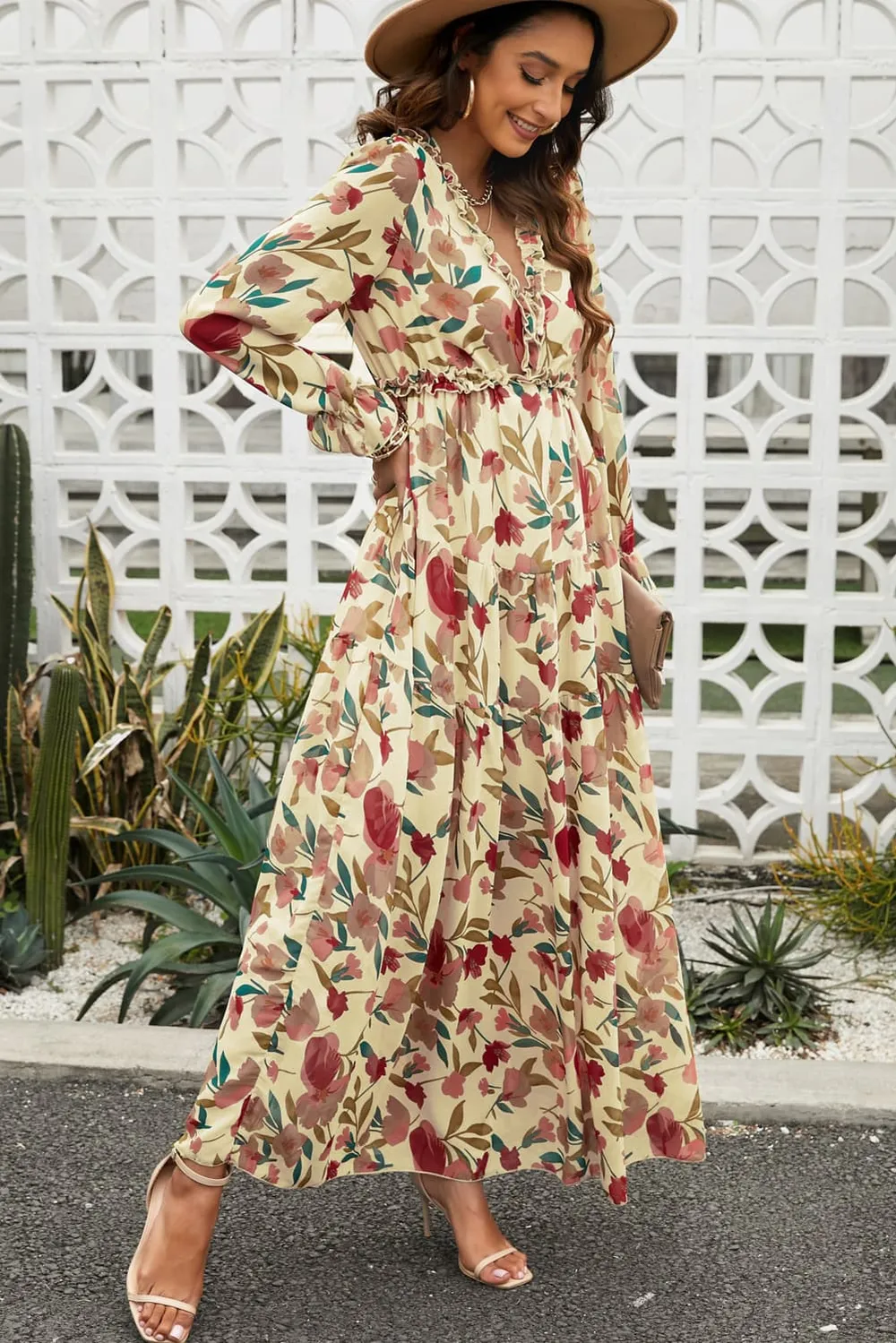 Floral Frill Trim Flounce Sleeve Plunge Maxi Dress, image 12