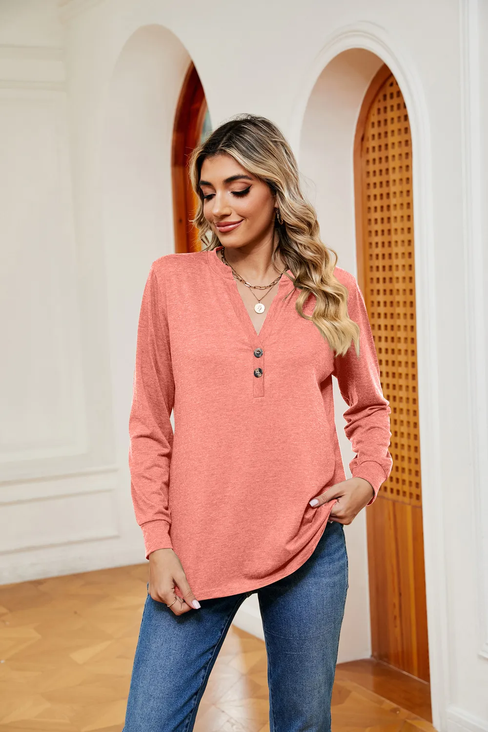 Buttoned Notched Neck Long Sleeve Top, image 11