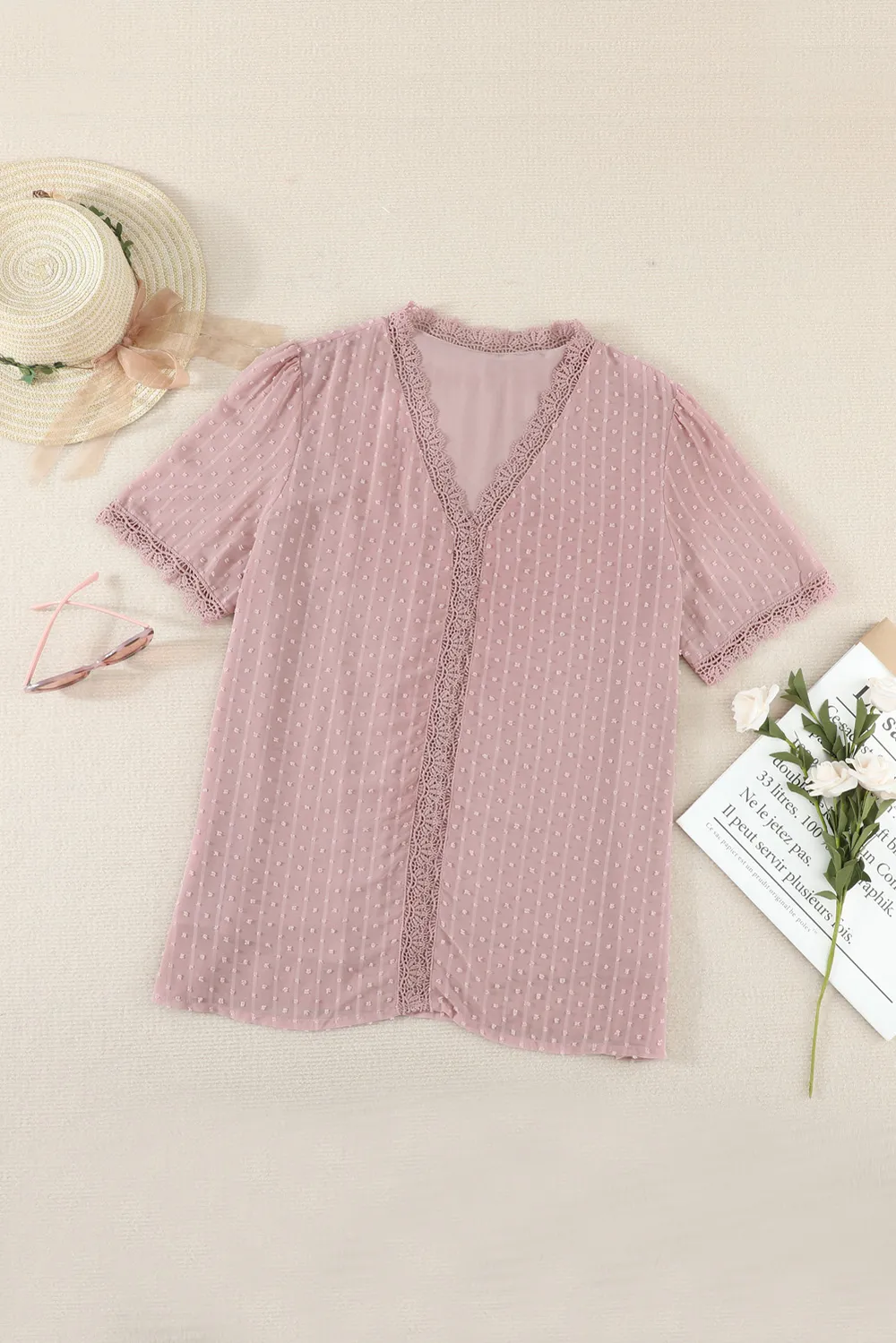 Swiss Dot Lace Trim Plunge Blouse, image 18