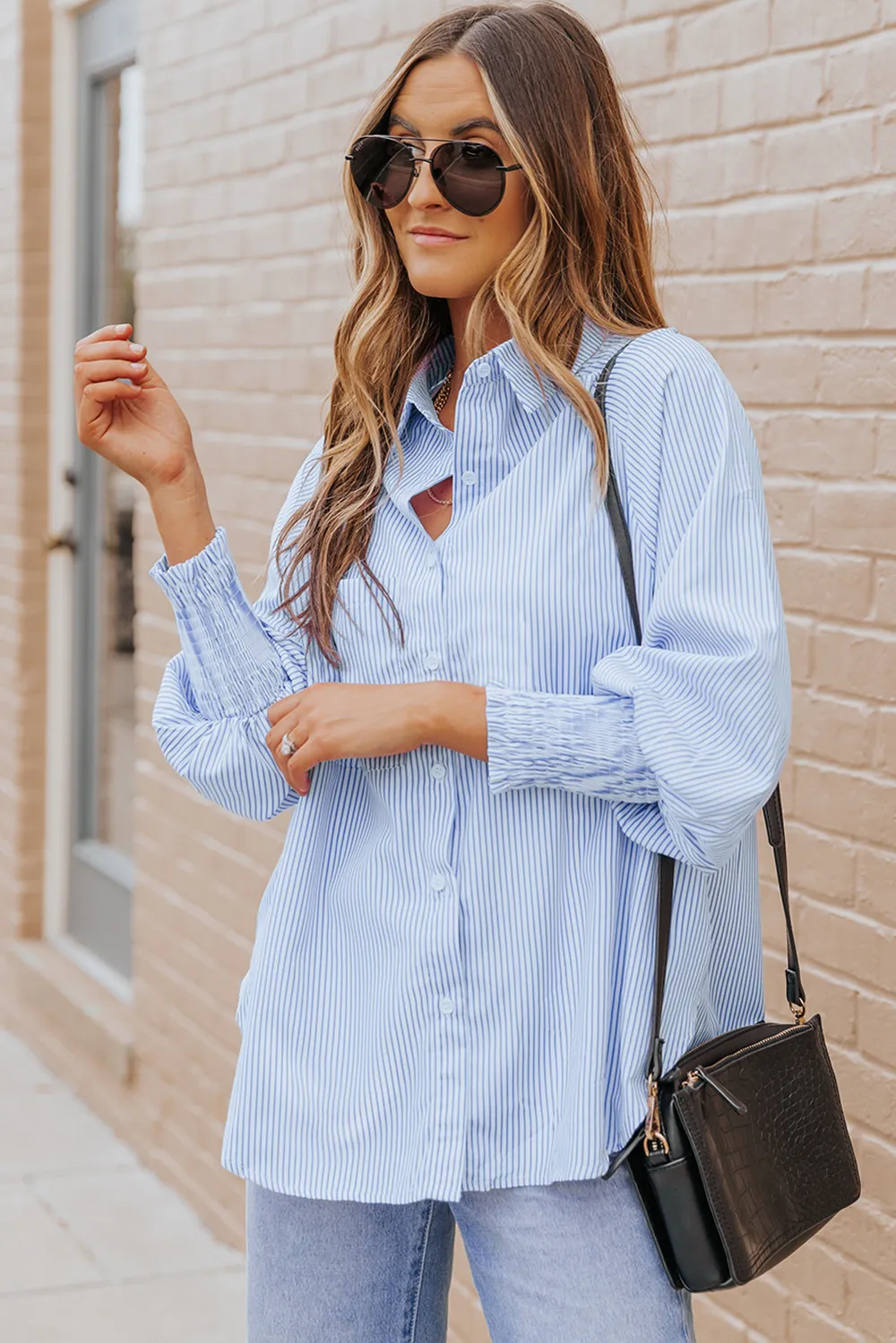 Striped Lantern Sleeve Collared Shirt, image 21