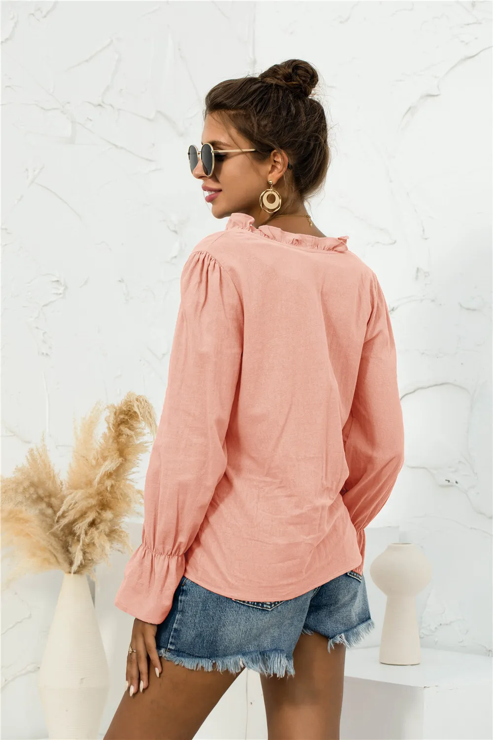 Frill Trim V-Neck Flounce Sleeve Shirt, image 5