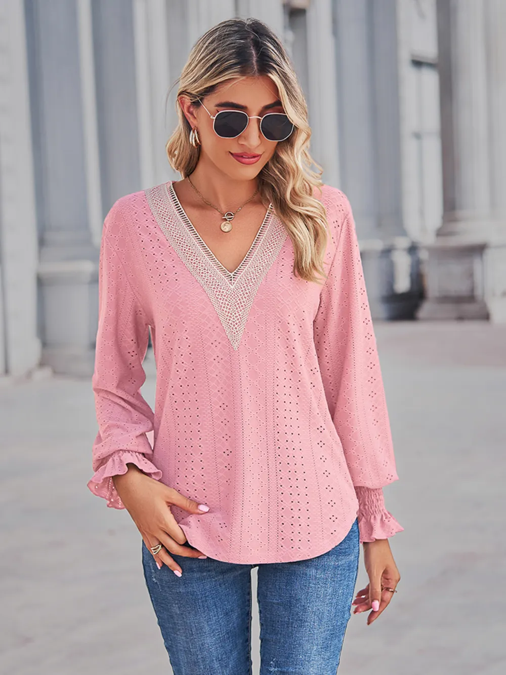 V-Neck Eyelet Flounce Sleeve Blouse, image 7