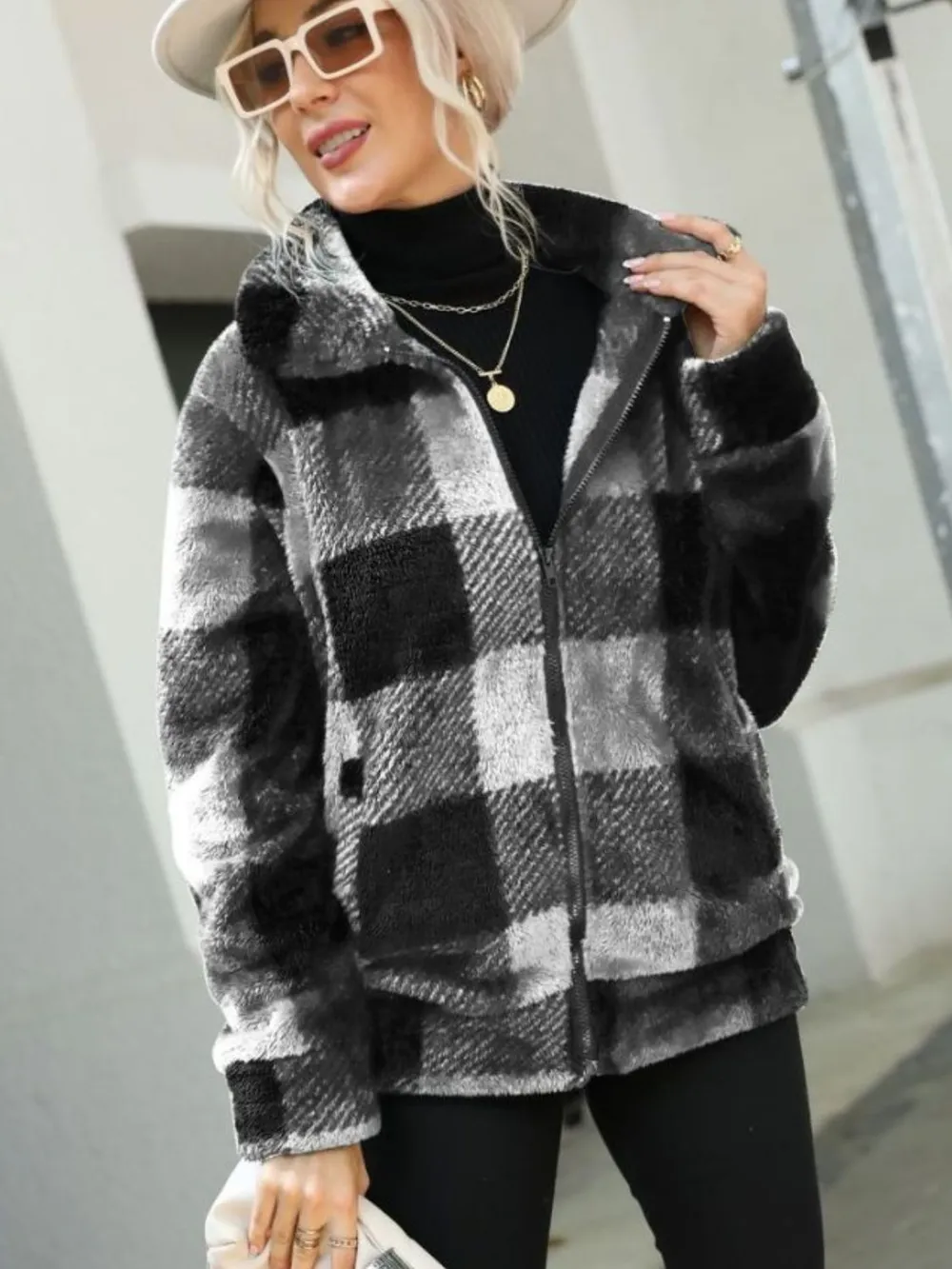 Plaid Zip-Up Collared Jacket, image 5