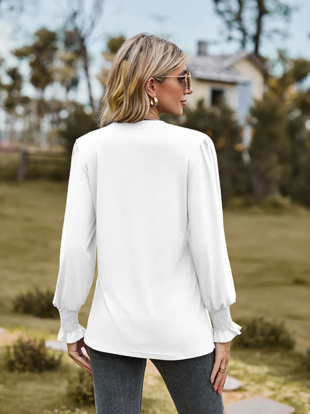 Notched Neck Flounce Sleeve Blouse, image 21