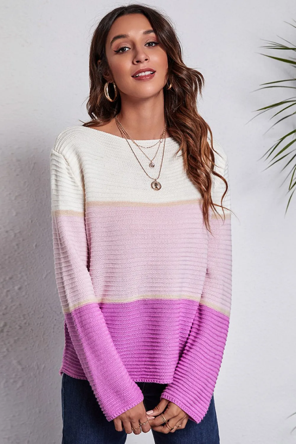Color Block Horizontal Ribbing Sweater, image 3