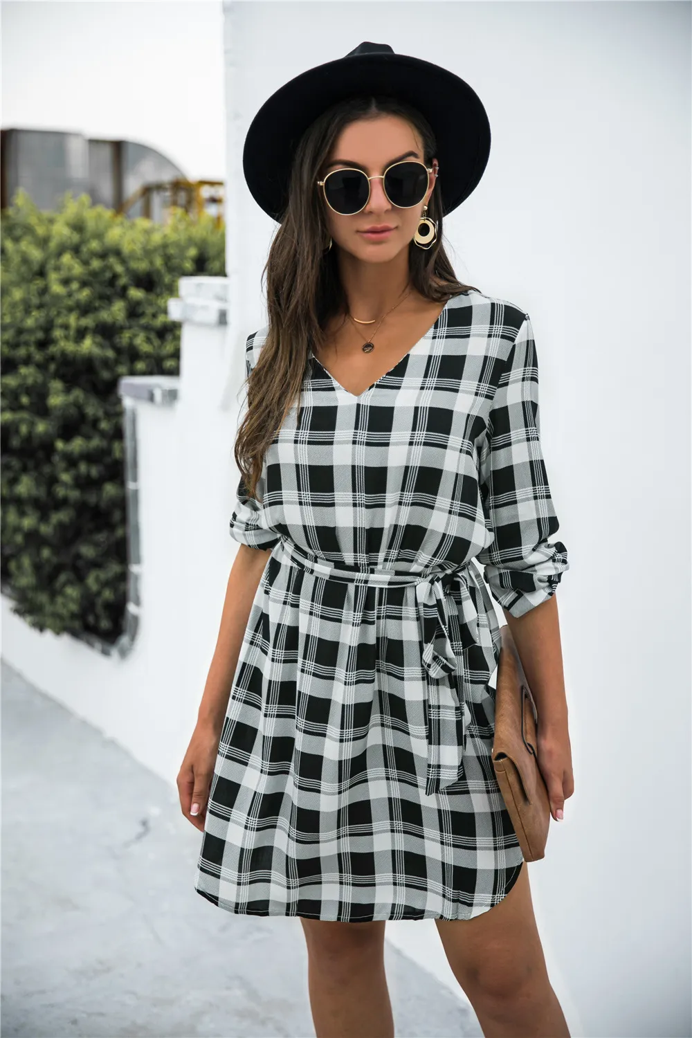 Plaid V-Neck Tie Waist Dress, image 4