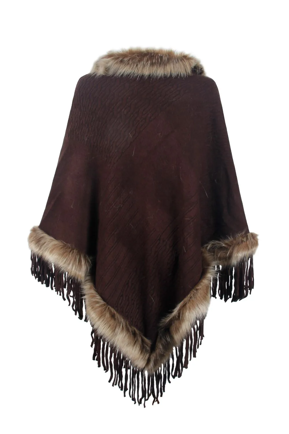 Faux Fur Trim Fringed Poncho, image 12